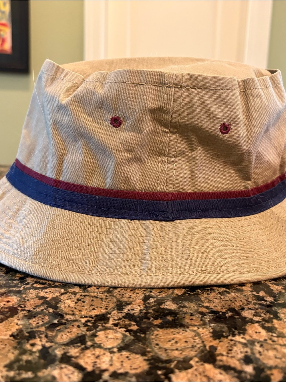 Khaki Bucket Hat with Navy and Burgundy Stripes